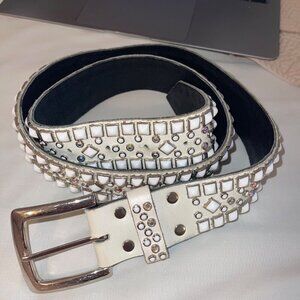 Rn Design Womens Belt Size Large White Leather Studded Swarosky Crystals